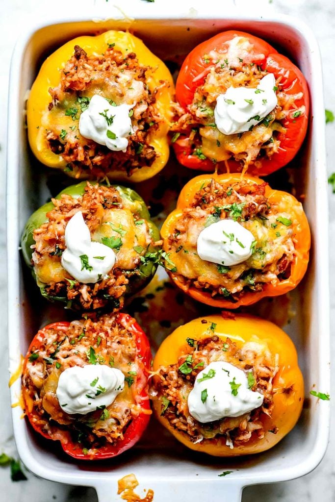 Mexican Stuffed Peppers in a baking dish