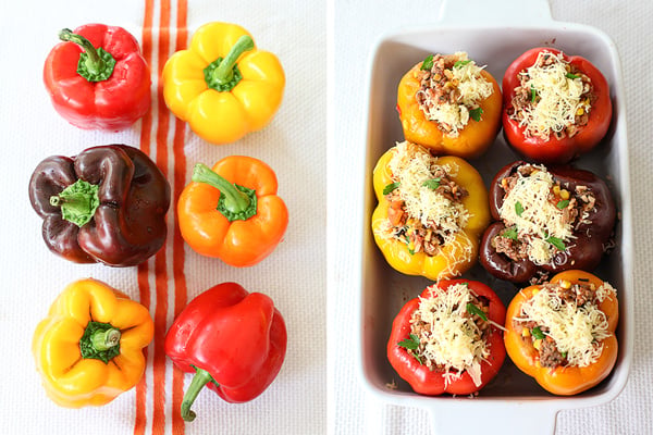 Photo collage of bell peppers and stuffed peppers