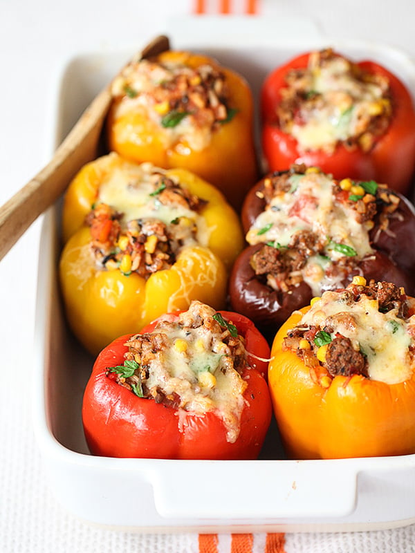 Stuffed peppers in a baking dish