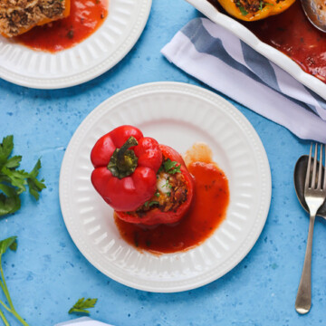 beef and rice stuffed pepper on a plate