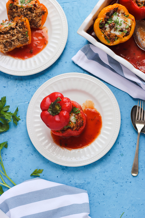 beef and rice stuffed pepper on a plate